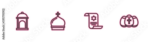Set line Muslim Mosque, Torah scroll, Church tower and Easter egg icon. Vector