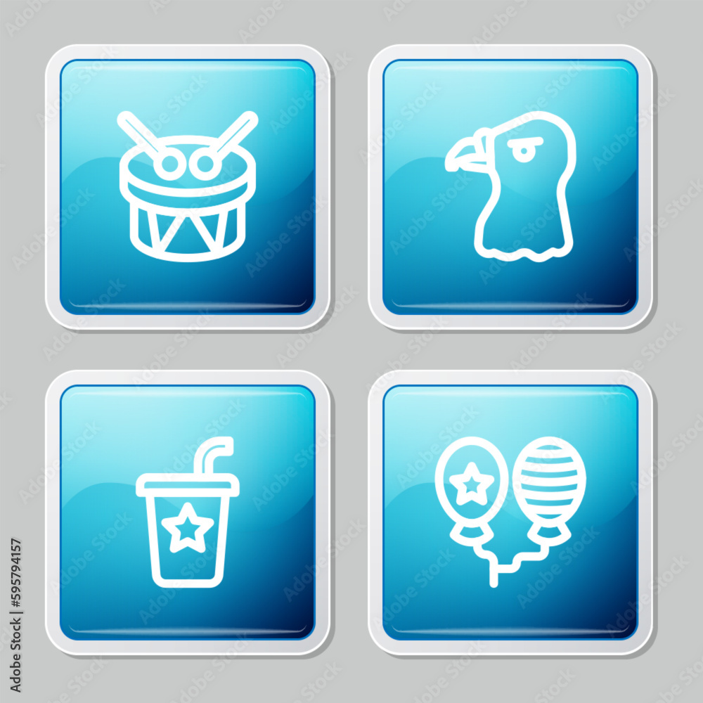 Set line Drum and drum sticks, Eagle head, Paper glass with straw and Balloons icon. Vector