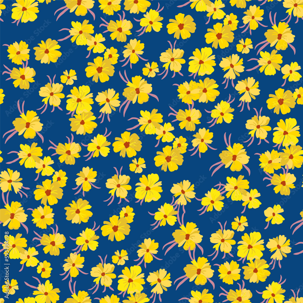 Vector seamless pattern with stylized floral motif, lots of small yellow flowers on a blue background. Hand-drawn little yellow flowers. Seamless floral background in yellow tones.