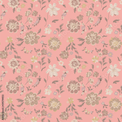 Vintage seamless pattern with floral pattern. Beige flowers  leaves and branches on a pale pink background. Vector illustration of art. Design for textiles  paper.