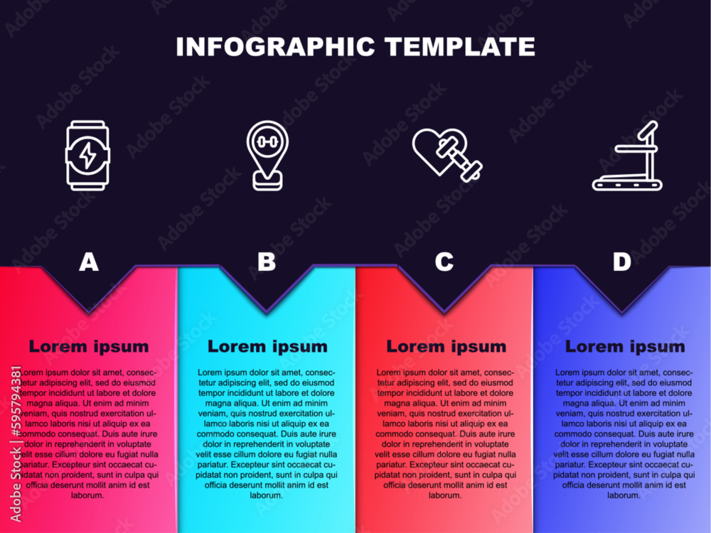 Set line Energy drink, Location gym, Dumbbell with heart and Treadmill machine. Business infographic template. Vector Set line Energy drink, Location gym, Dumbbell with heart and Treadmill machine. Business infographic template. Vector