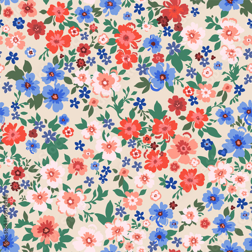 Seamless pattern. Vector flower design with cute wildflowers. Romantic abstract background. An illustration of spring nature with bright colors of red and blue. © Maxim