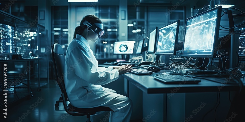 Medical worker in the laboratory doing research. Examination of the brain on a large monitor.Concept of scientific research in medicine. X-ray examination of the brain. Science.  Generative AI