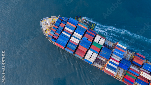 Aerial top view container ship cargo freight shipping, Global business import export logistic transportation of international by container cargo ship in the open sea, Cargo vessel freight shipping.