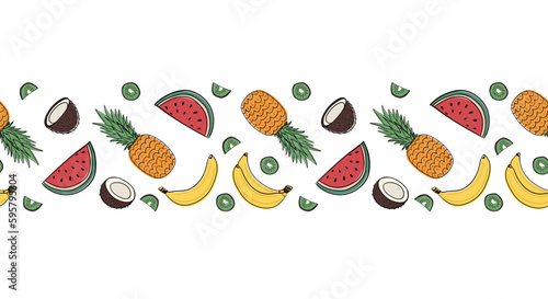 Horizontal seamless pattern with fruit in doodle style. Seamless border with fruit in a flat style