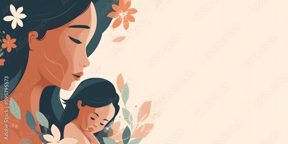 Illustration of mother with her little child, flower in the background. Copy space area for text. Concept of mothers day, mothers love, relationships between mother and child. Generative AI Illustration of mother with her little child, flower in the background. Copy space area for text. Concept of mothers day, mothers love, relationships between mother and child. Generative AI