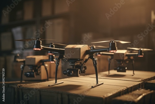 Three unmanned aerial vehicles transporting a package. Generative AI