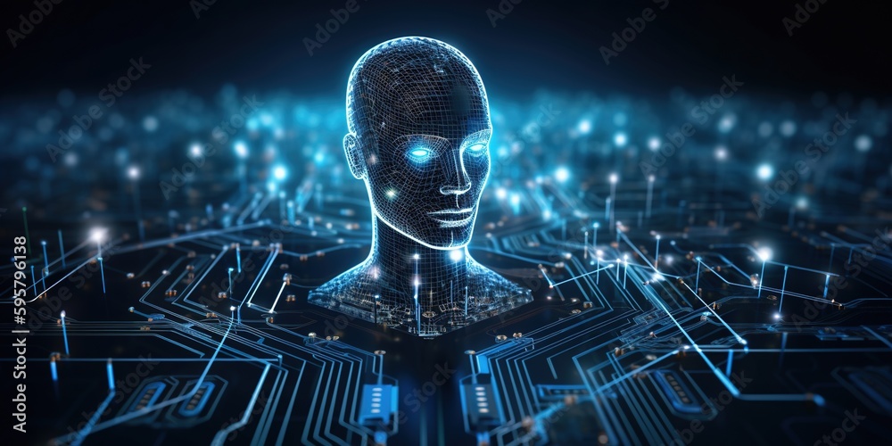 A modern highly advanced artificial intelligence system embedded in a network of interconnected devices and sensors, analyzing and predicting data. AI concept of big data. Chat GPT. Generative AI - obrazy, fototapety, plakaty 
