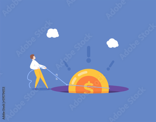 efforts not to experience losses and bankruptcy. prevent from losing money. a businessman tries to pull a coin so it doesn't fall into the hole. Financial Problem. illustration concept design. element