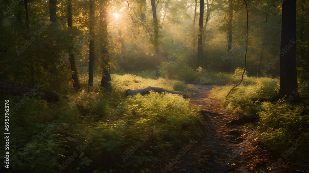 Obraz premium olden Hour Shot Captures Serene Beauty of Forest with Lush Foliage and Wildlife