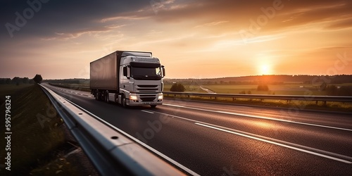 Loaded european truck on motorway in sunset. The truck is driving on a good road in the evening. Transportation, logistics, transportation. Generative AI © Nadia
