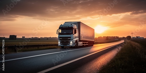 Loaded european truck on motorway in sunset. The truck is driving on a good road in the evening. Transportation, logistics, transportation. Generative AI © Nadia