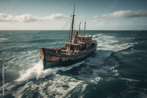 Old fishing boat at sea. Generative AI