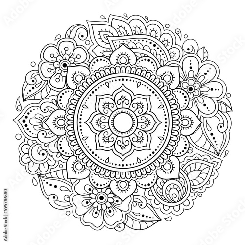 Outline round flower pattern in mehndi style for coloring book page. Antistress for adults and children. Doodle ornament in black and white. Hand draw vector illustration.