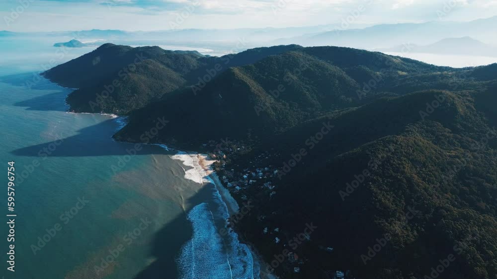 Aerial view of the Brazilian coastline with mountains near the town of Acores, on the island of Santa Catarina, Brazil
