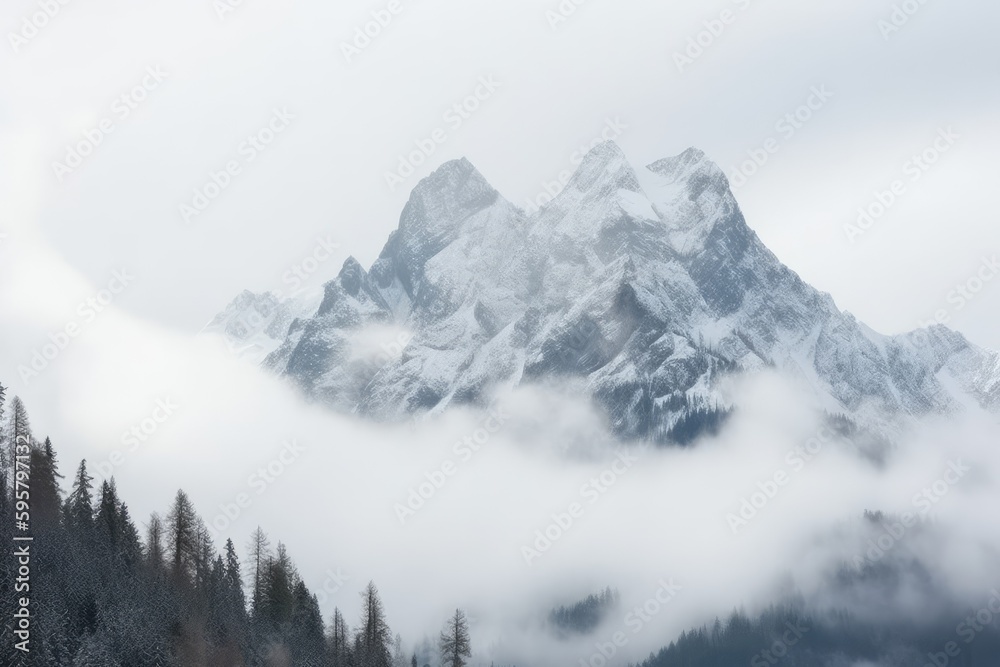 snow-covered mountain with trees in the foreground. Generative AI