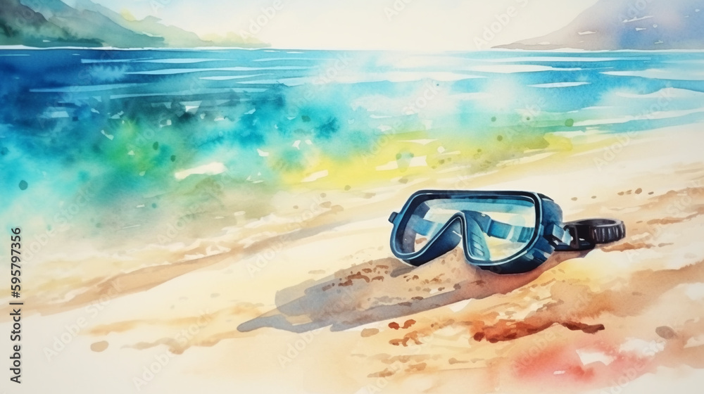 Generative AI, watercolor illustration of a diving mask lies on the sand by the sea, beach, shore, ocean, diving, snorkeling, vacation, outdoor activities, space for text