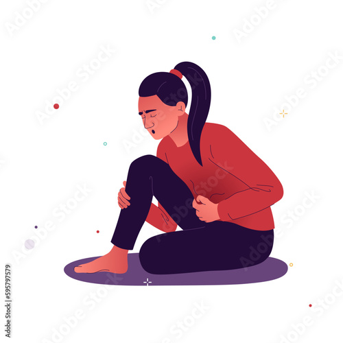 Woman with acute abdominal cramps, a symptom of food poisoning, gastritis or IBS. Vector illustration for articles on digestive system disorders, stomach ache and diarrhea