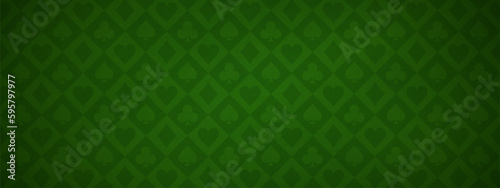 Green casino poker table texture card game vector background. Vegas blackjack velvet cloth pattern illustration. Panoramic diagonal gambling textured material design with spades for online app photo