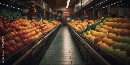 Empty fresh fruit aisle at grocery store. Showcase with fruits and vegetables. Store shelves in the vegetable department. Beautifully laid out fruits, vegetables on a shelf in a store. Generative AI