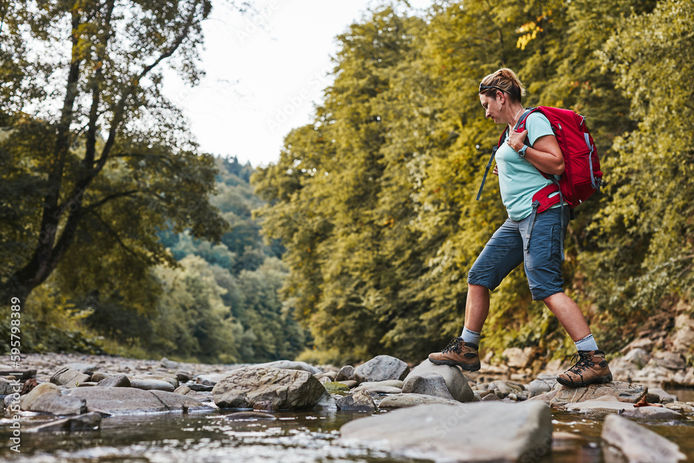 Traveling with backpack concept image. Backpacker female in trekking boots crossing mountain river. Summer vacation trip