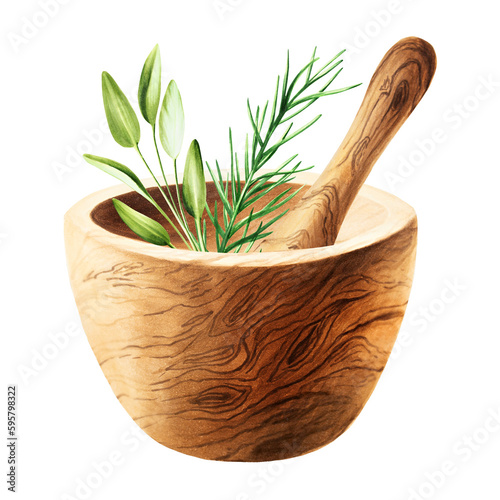 Watercolor wooden mortar and pestle isolated on white background. Beauty products and botany elements, cosmetology and medicine. For designers, spa decoration, postcards, wrapping paper, scrapbooking photo