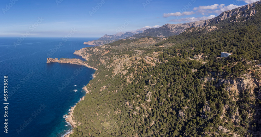 view of the Sierra de Tramuntana and the Hotel Continental Valldemossa, Valldemossa, Majorca, Balearic Islands, Spain