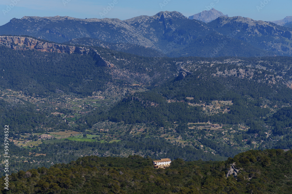 view of the tramuntana mountain range and the hermitage of Maristela, Son Ferra, Esporles, Majorca, Balearic Islands, Spain