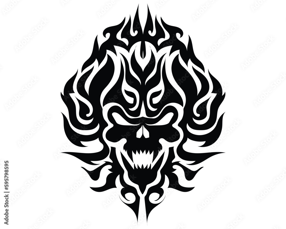 Fototapeta premium vector design of a black and white silhouette tattoo or symbol that looks like flames all around and has a black skull head symbol in the center