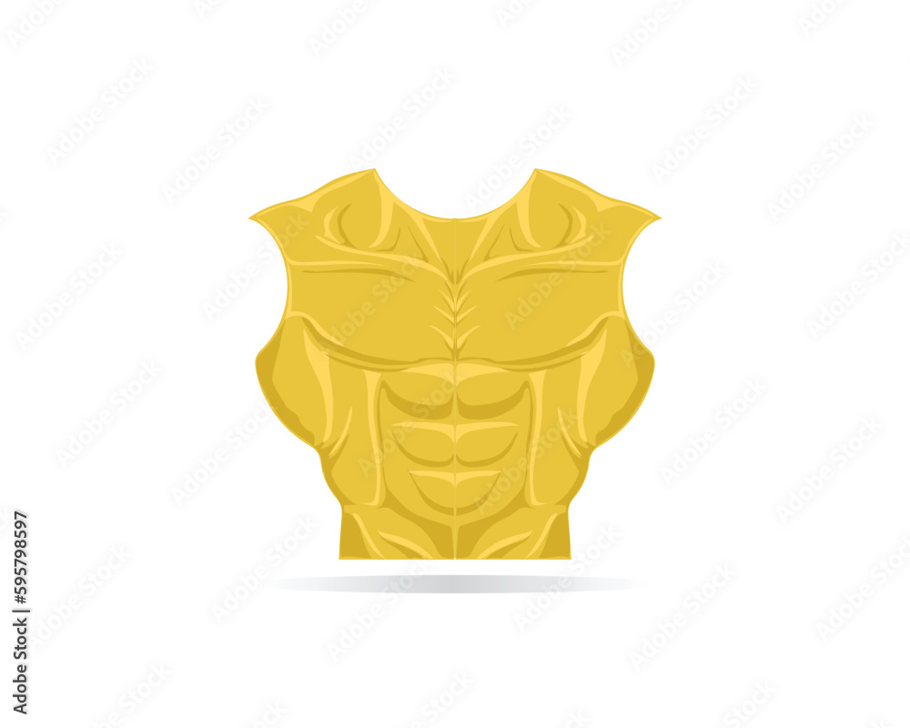 vector design of a suit of armor made of gold from a mixture of yellow and orange and shaped like half a human body from the waist up with a muscular body and also a sixpack