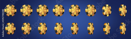 3d golden casino club poker chip rotation vector. Realistic isolated gold and black metal luxury blackjack symbol animation with sequence rotating element set. Fortune and risk online leisure