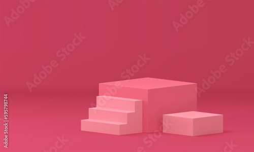 Pink 3d pedestal geometric box with staircase steps construction for climbing upstairs vector