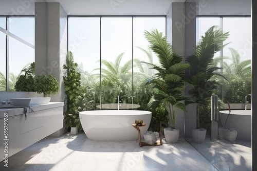 modern bathroom with a white bathtub and a large window. Generative AI