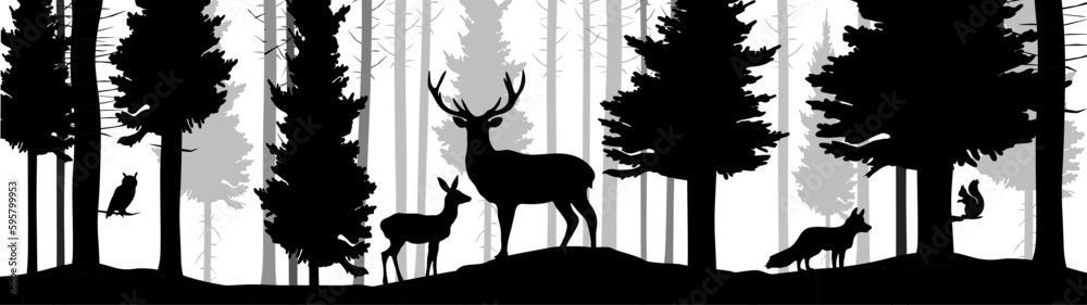 Black silhouette of wild forest woods animals deer and forest fir ...