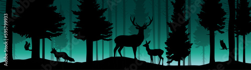 Fotografie, Tablou Black silhouette of wild forest woods animals deer and forest fir spruce trees c