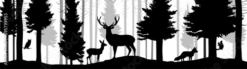 Fotografiet Black silhouette of wild forest woods animals deer and forest fir spruce trees camping adventure wildlife hunting landscape panorama illustration icon vector for logo, isolated on white background