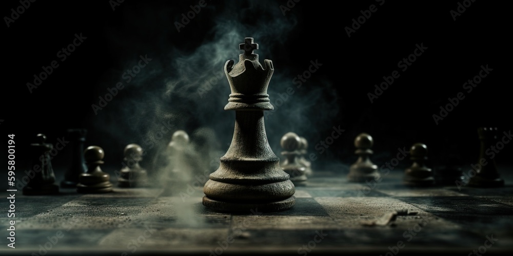 Fototapeta premium Queen in the center of the chessboard. Epic chess game illustration. Leadership, teamwork, partnership, business strategy concept. Chess figures on a dark background. Generative AI