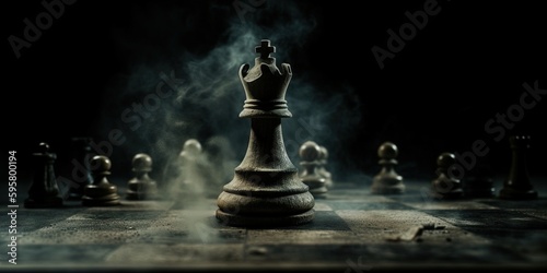 Queen in the center of the chessboard. Epic chess game illustration. Leadership, teamwork, partnership, business strategy concept. Chess figures on a dark background. Generative AI