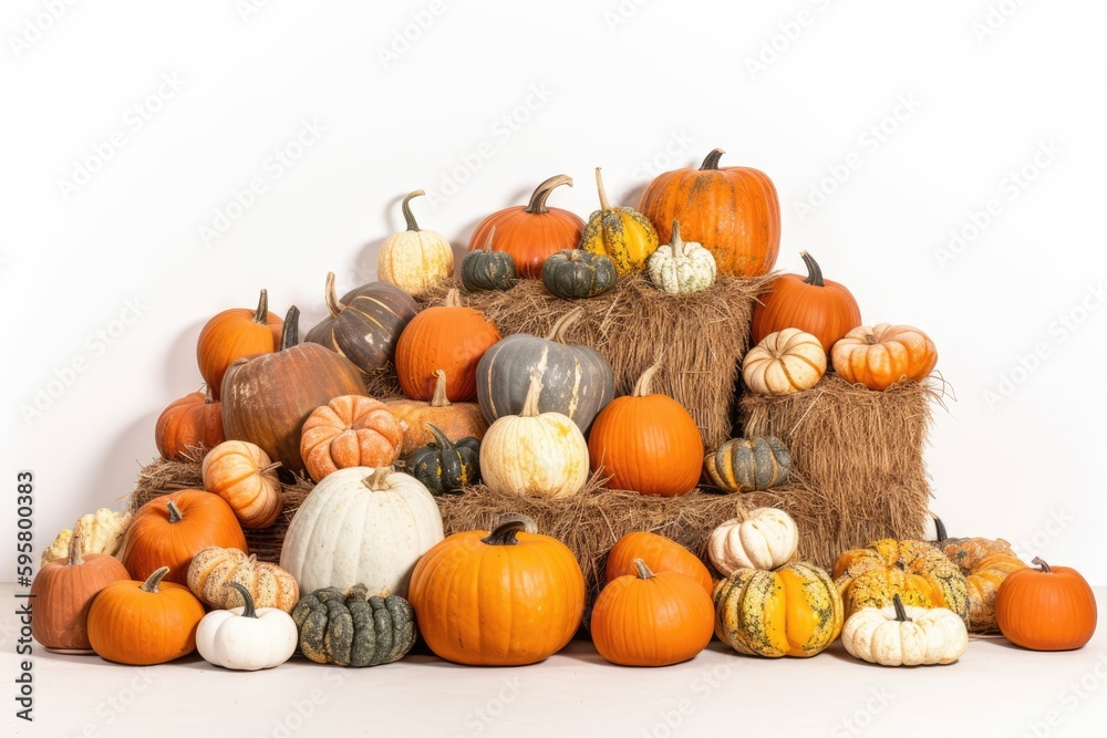 pile of pumpkins on a bed of hay. Generative AI pile of pumpkins on a bed of hay. Generative AI
