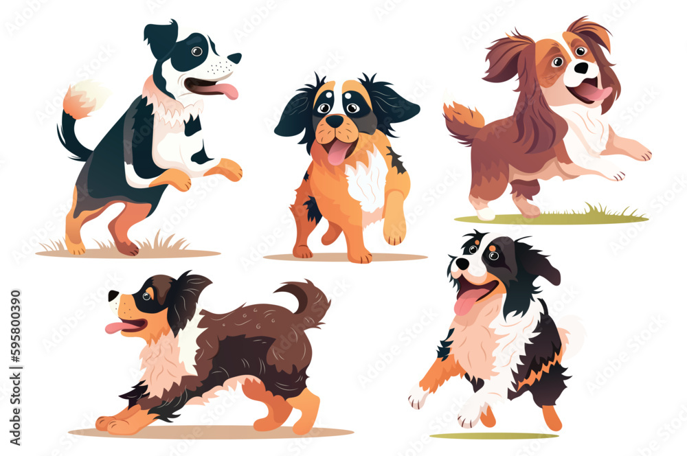 Concept Dogs. This flat cartoon design showcases a set of cute and playful dogs in various breeds and poses on a clean white background. Vector illustration.