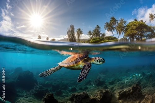 green sea turtle swimming in a tropical ocean with palm trees in the background. Generative AI