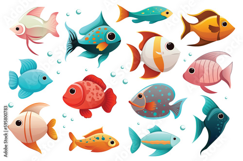 Concept Fish. This flat cartoon design showcases a set of colorful and playful fish in various shapes and sizes. Vector illustration.