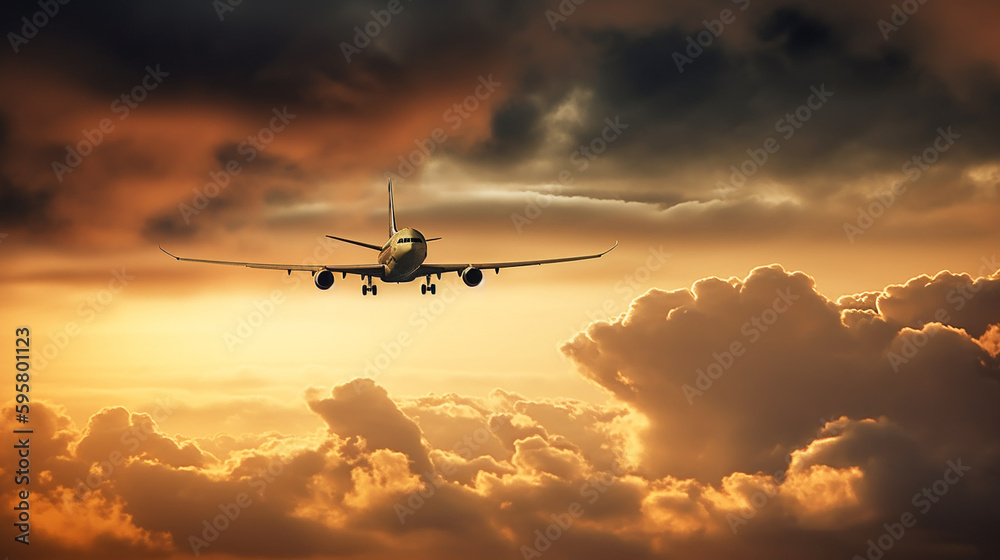 Plane is taking off at sunset. Generative ai. Plane is taking off at sunset. Generative ai.
