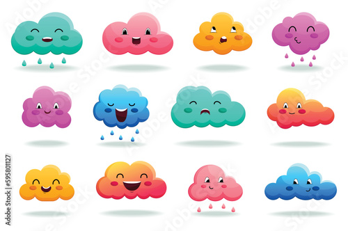 Concept Cloud characters. This illustration features a set of flat, cartoon-style cloud characters in various poses and emotions on a white background. Vector illustration.