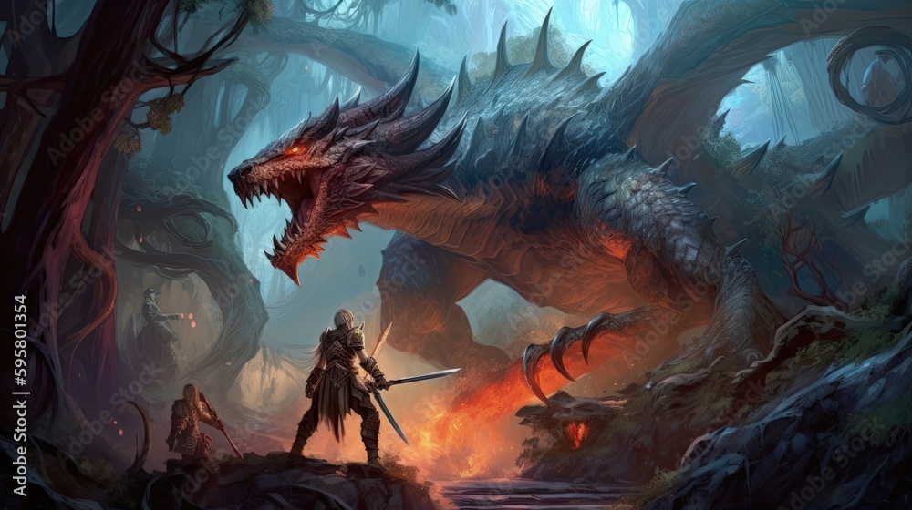 Fototapeta premium Join our heroes on an epic journey through a fantastical world filled with magic, mythical creatures, and high adventure. Generated by AI