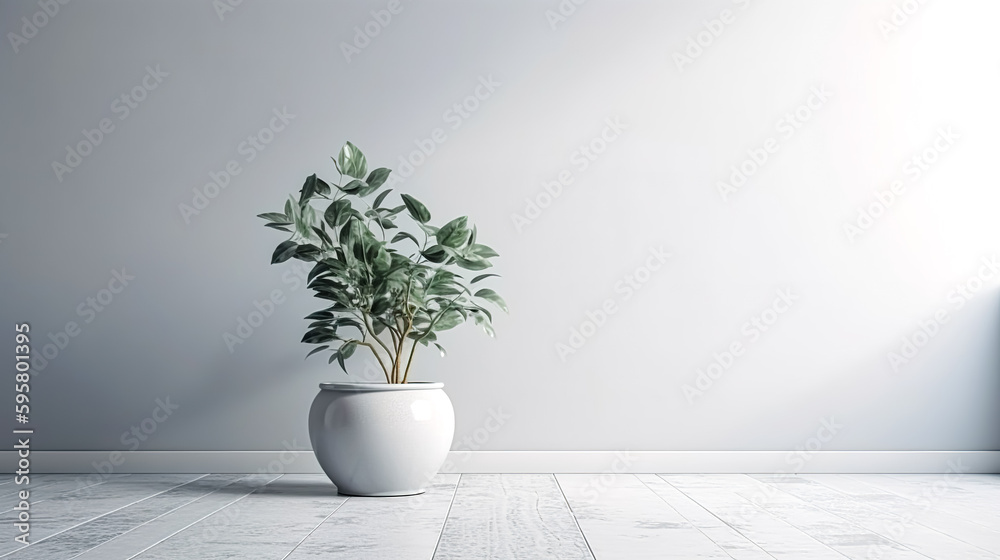 White pot with home plant in white interior, generative AI.