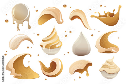 Concept Cream effect. A set of flat, cartoon-style designs featuring creamy effects and splashes on a white background. Vector illustration.