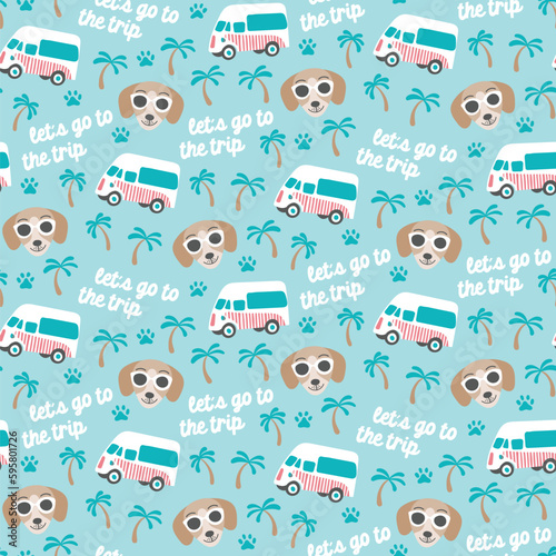 Summer ice cream truck dogs seamless patterns. Printable digital papers. Seamless funny puppy pattern background. palms, trip.

