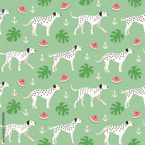 Summer dalmatian dogs seamless patterns. Printable digital papers. Seamless funny puppy pattern background. monstera, watermelon, anchor.
