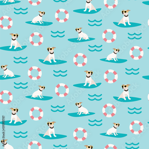 Summer jack russell dogs seamless patterns. Printable digital papers. Seamless funny puppy pattern background. surfing dog, surf, sea.
